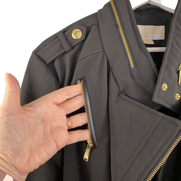 MICHAEL KORS Jacket Womens Extra Large Asymmetrical Black Trench Coat Lined Hood - Picture 5 of 16